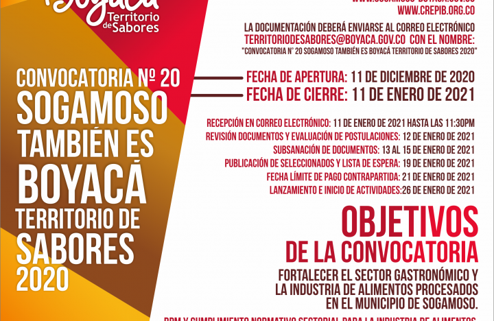 ABIERTO: ADENDA 1 A LA CONVOCATORIA No.20 SOGAMOSO TAMBIÉN ES BOYACÁ TERRITORIO DE SABORES SOGAMOSO TAMBIÉN ES BOYACÁ TER...